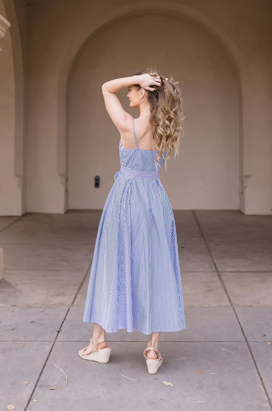 Palmer Sleeveless Stripe Print Waist Tie Maxi Dress Blue