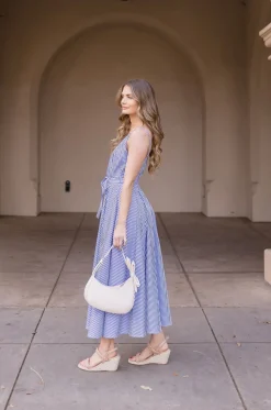 Palmer Sleeveless Stripe Print Waist Tie Maxi Dress Blue