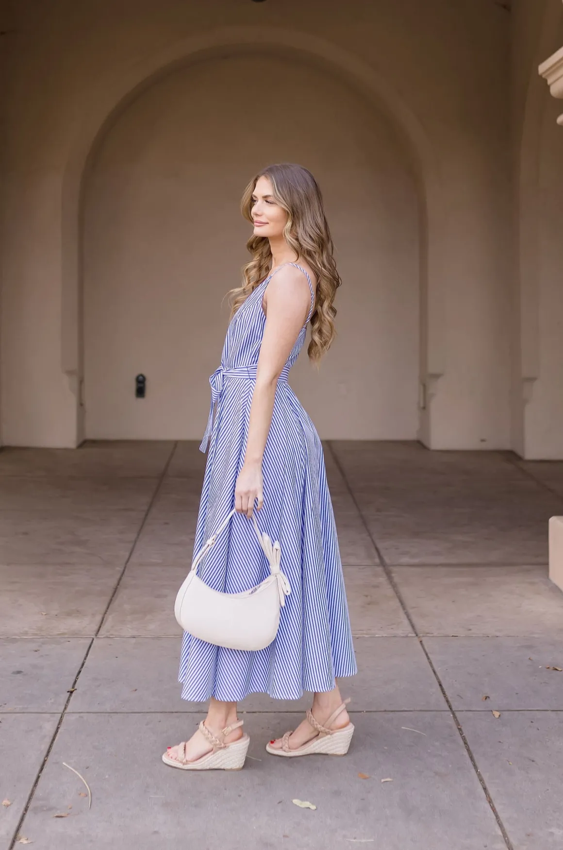 Palmer Sleeveless Stripe Print Waist Tie Maxi Dress Blue