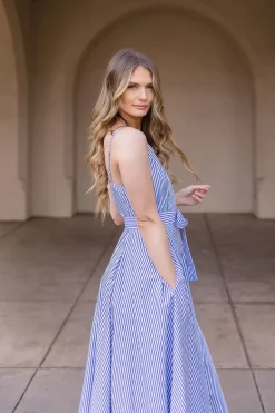 Palmer Sleeveless Stripe Print Waist Tie Maxi Dress Blue