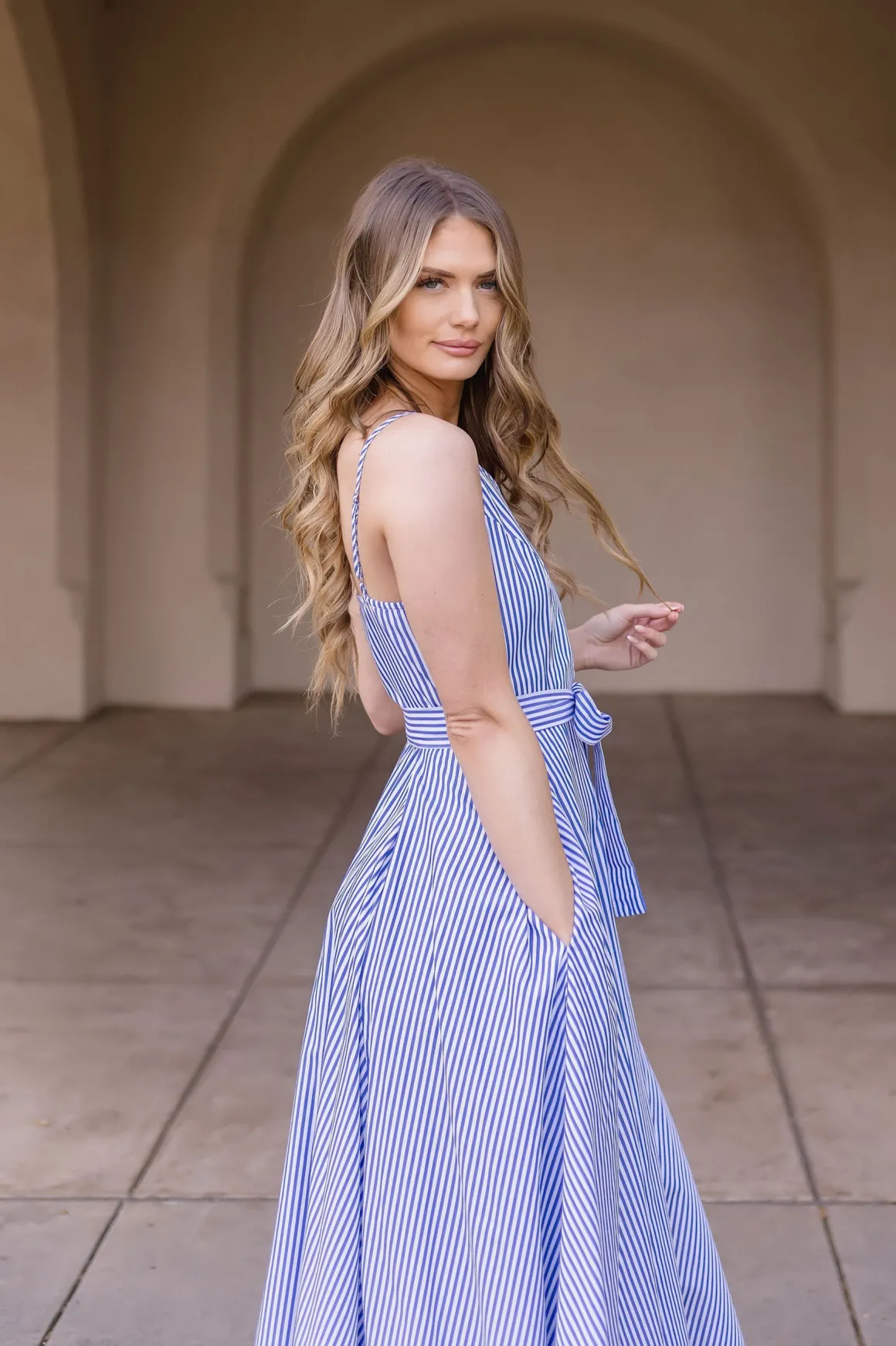 Palmer Sleeveless Stripe Print Waist Tie Maxi Dress Blue