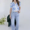 Paloma Short Sleeve Button Down Floral Print Top Blue