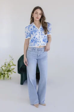 Paloma Short Sleeve Button Down Floral Print Top Blue