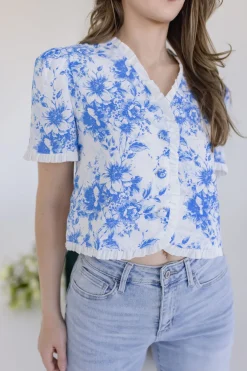 Paloma Short Sleeve Button Down Floral Print Top Blue