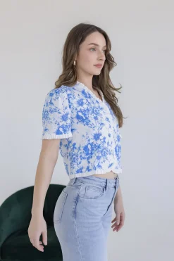 Paloma Short Sleeve Button Down Floral Print Top Blue