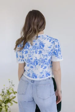 Paloma Short Sleeve Button Down Floral Print Top Blue