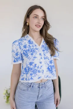 Paloma Short Sleeve Button Down Floral Print Top Blue