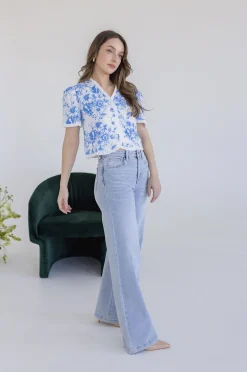 Paloma Short Sleeve Button Down Floral Print Top Blue