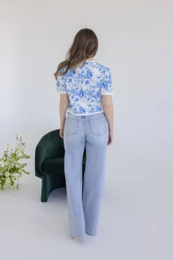 Paloma Short Sleeve Button Down Floral Print Top Blue