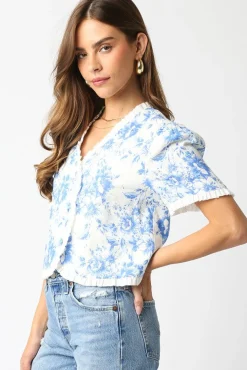 Paloma Short Sleeve Button Down Floral Print Top Blue