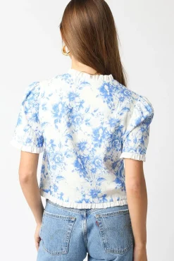 Paloma Short Sleeve Button Down Floral Print Top Blue