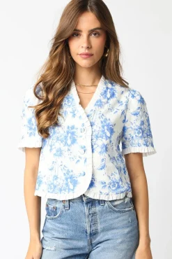 Paloma Short Sleeve Button Down Floral Print Top Blue