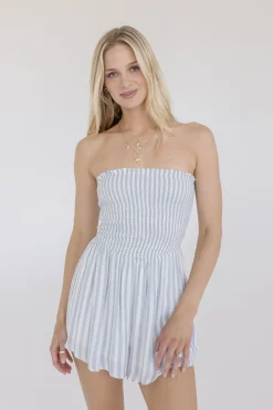 Parker Sleeveless Smocked Stripe Print Romper Blue