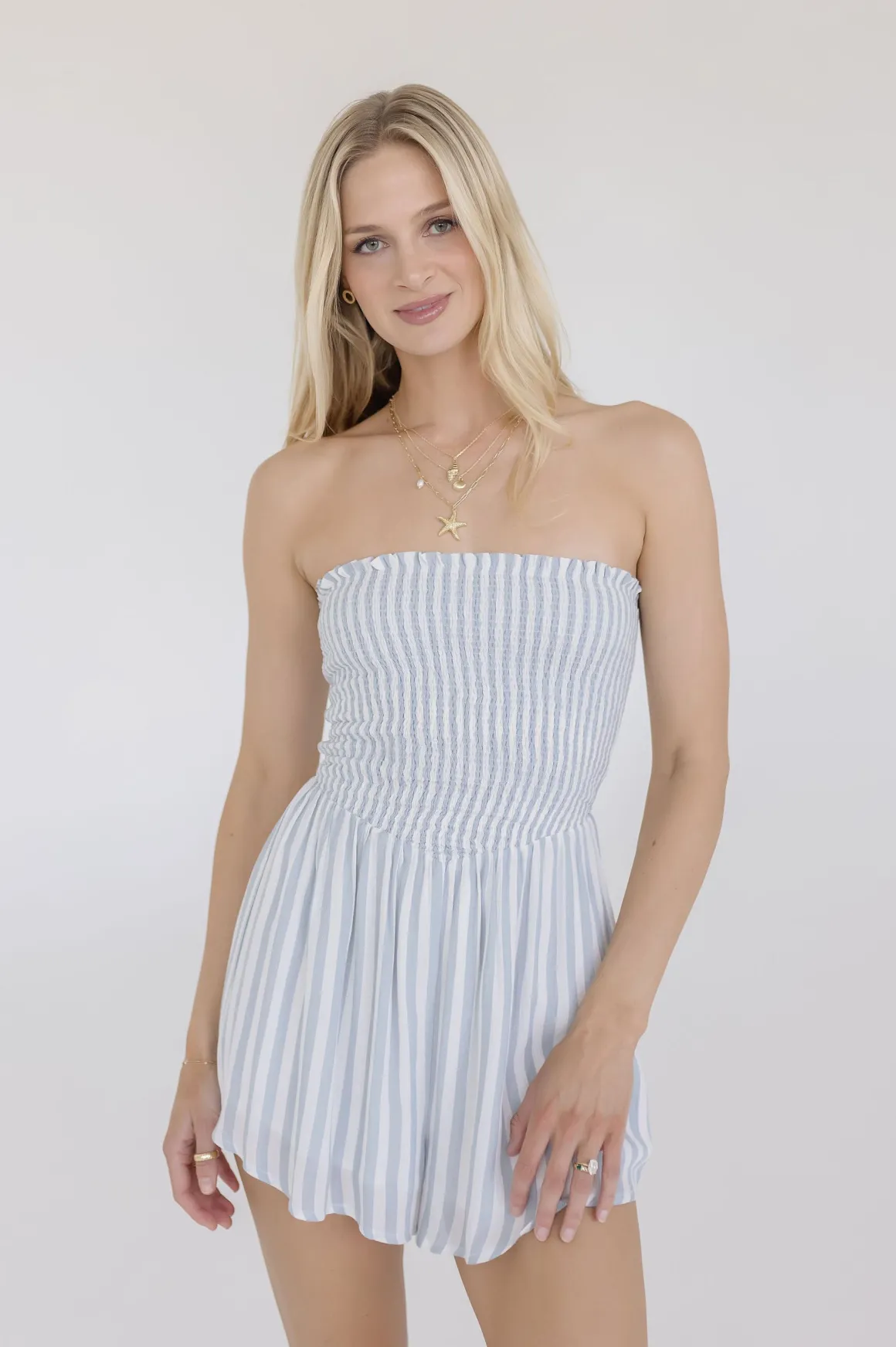 Parker Sleeveless Smocked Stripe Print Romper Blue