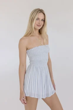 Parker Sleeveless Smocked Stripe Print Romper Blue