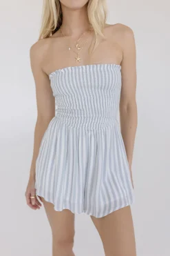 Parker Sleeveless Smocked Stripe Print Romper Blue