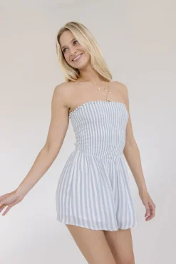 Parker Sleeveless Smocked Stripe Print Romper Blue