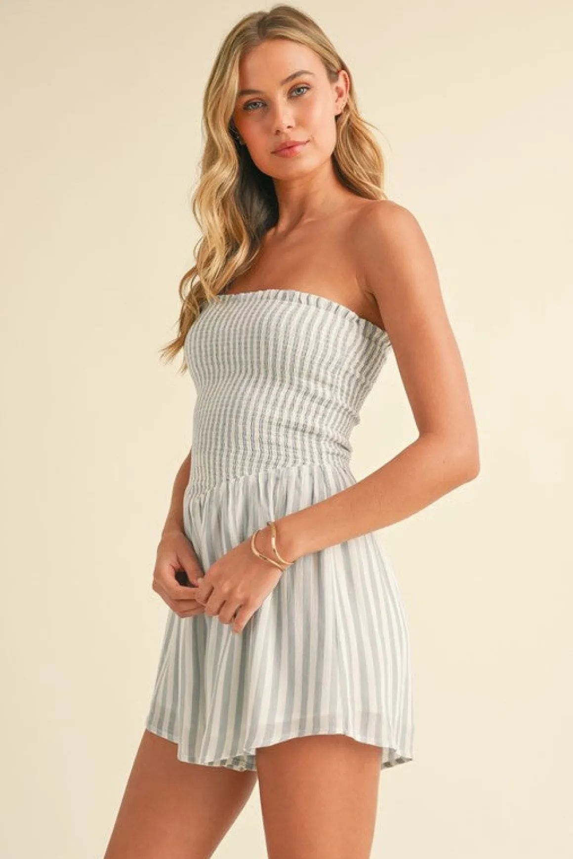 Parker Sleeveless Smocked Stripe Print Romper Blue