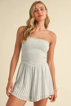 Parker Sleeveless Smocked Stripe Print Romper Blue
