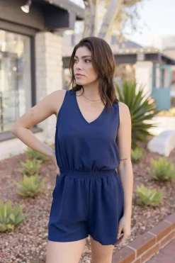 Patricia Sleeveless Smocked Waist Romper Navy