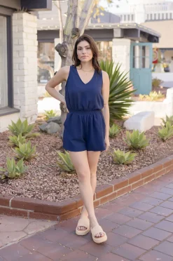 Patricia Sleeveless Smocked Waist Romper Navy
