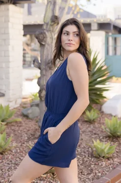 Patricia Sleeveless Smocked Waist Romper Navy