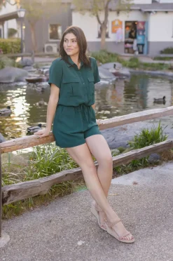 Penelope Short Sleeve Button Down Waist Tie Romper Green
