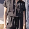 Penelope Short Sleeve Button Down Waist Tie Romper Black