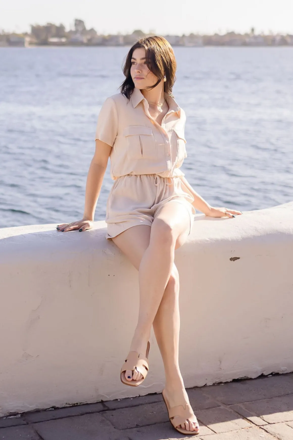 Penelope Short Sleeve Button Down Waist Tie Romper Beige