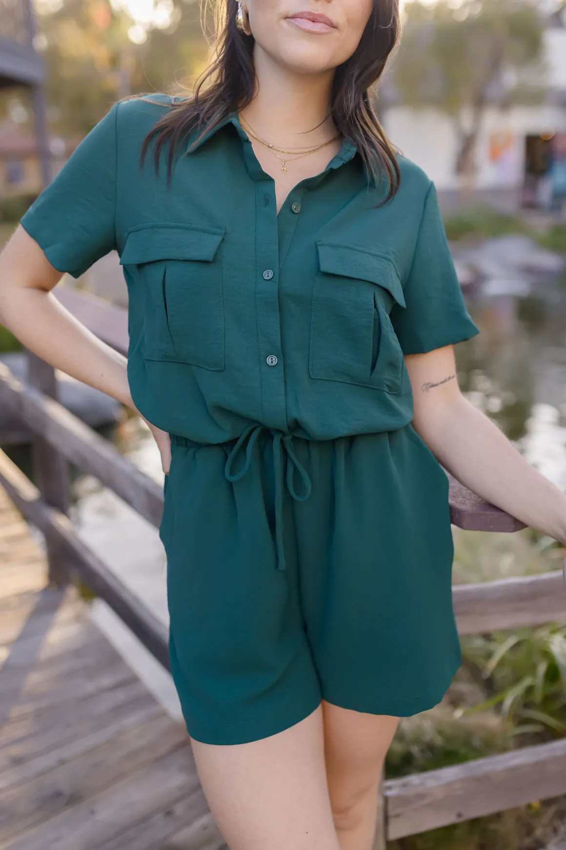 Penelope Short Sleeve Button Down Waist Tie Romper Green