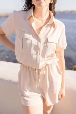 Penelope Short Sleeve Button Down Waist Tie Romper Beige