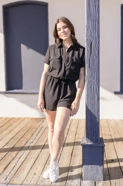 Penelope Short Sleeve Button Down Waist Tie Romper Black