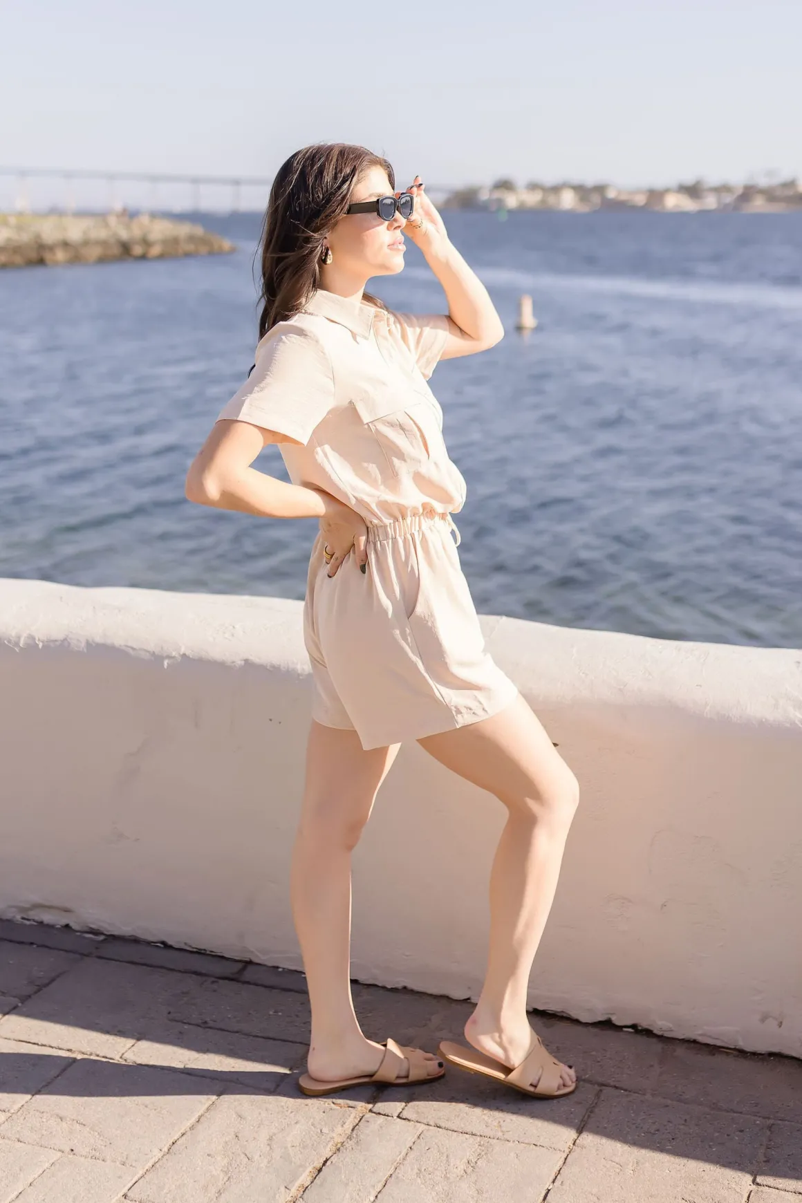 Penelope Short Sleeve Button Down Waist Tie Romper Beige