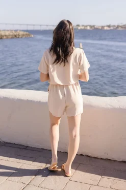 Penelope Short Sleeve Button Down Waist Tie Romper Beige