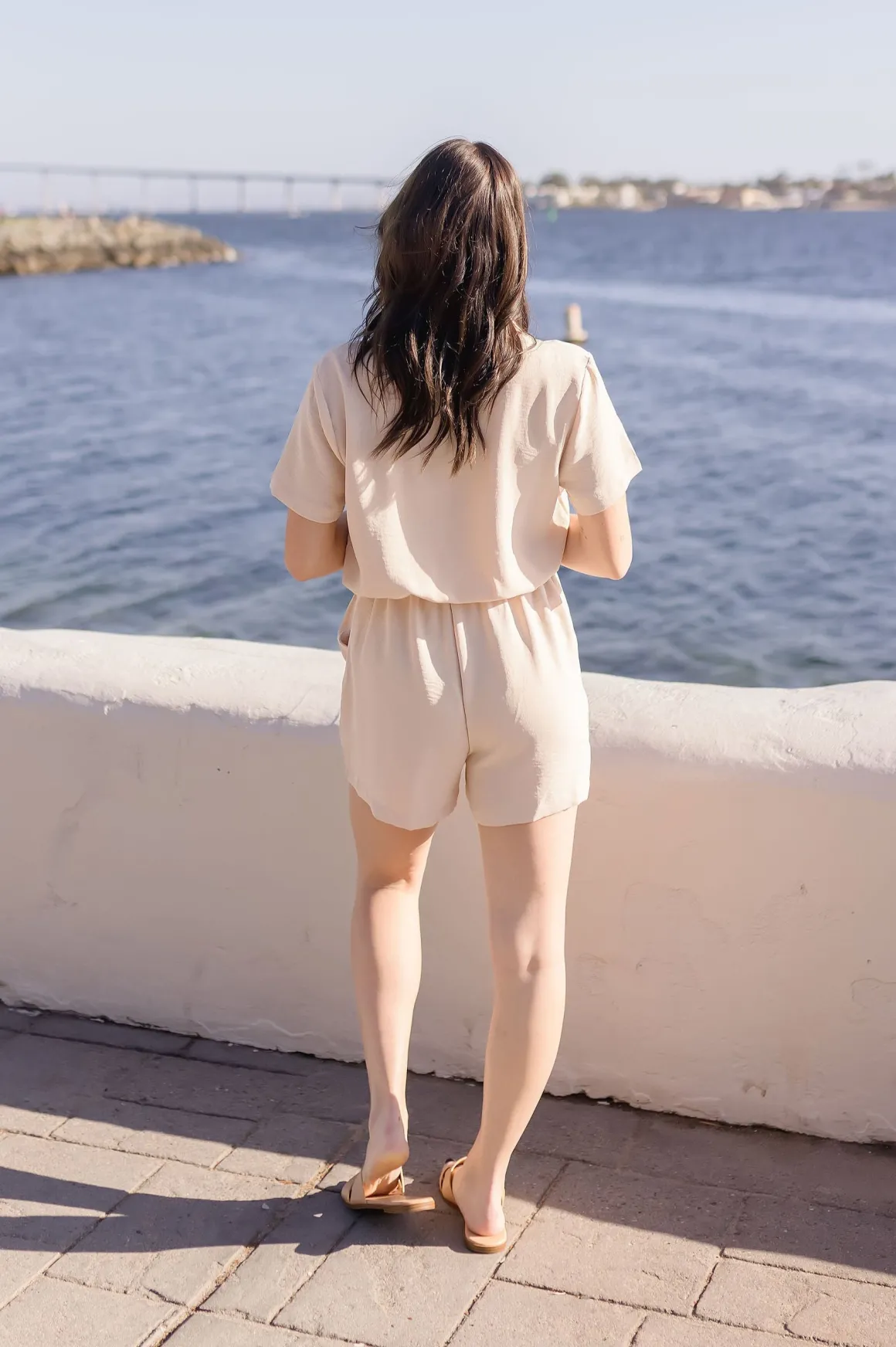 Penelope Short Sleeve Button Down Waist Tie Romper Beige