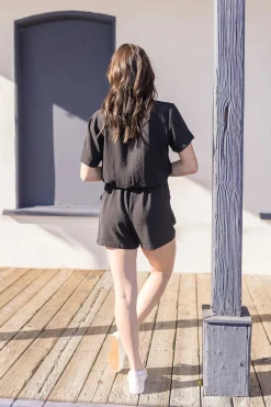 Penelope Short Sleeve Button Down Waist Tie Romper Black
