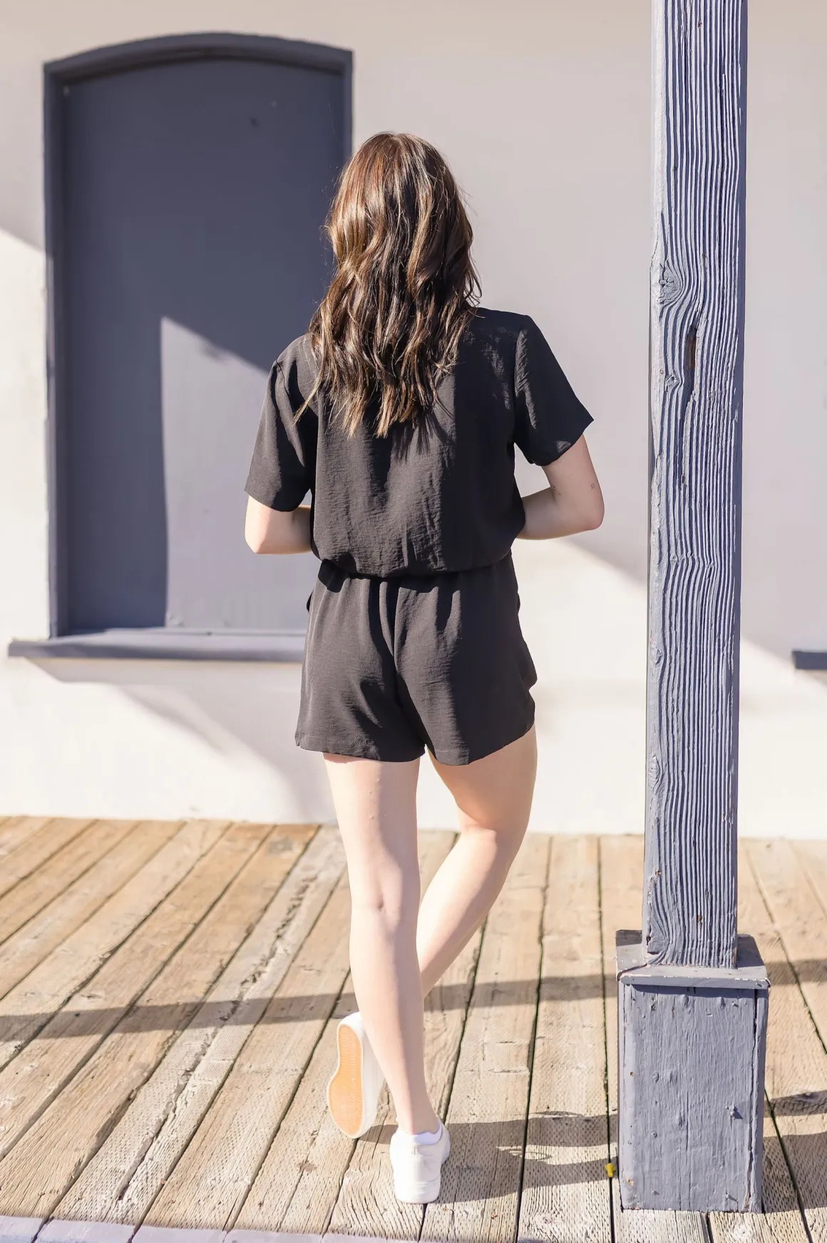 Penelope Short Sleeve Button Down Waist Tie Romper Black