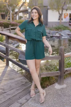 Penelope Short Sleeve Button Down Waist Tie Romper Green