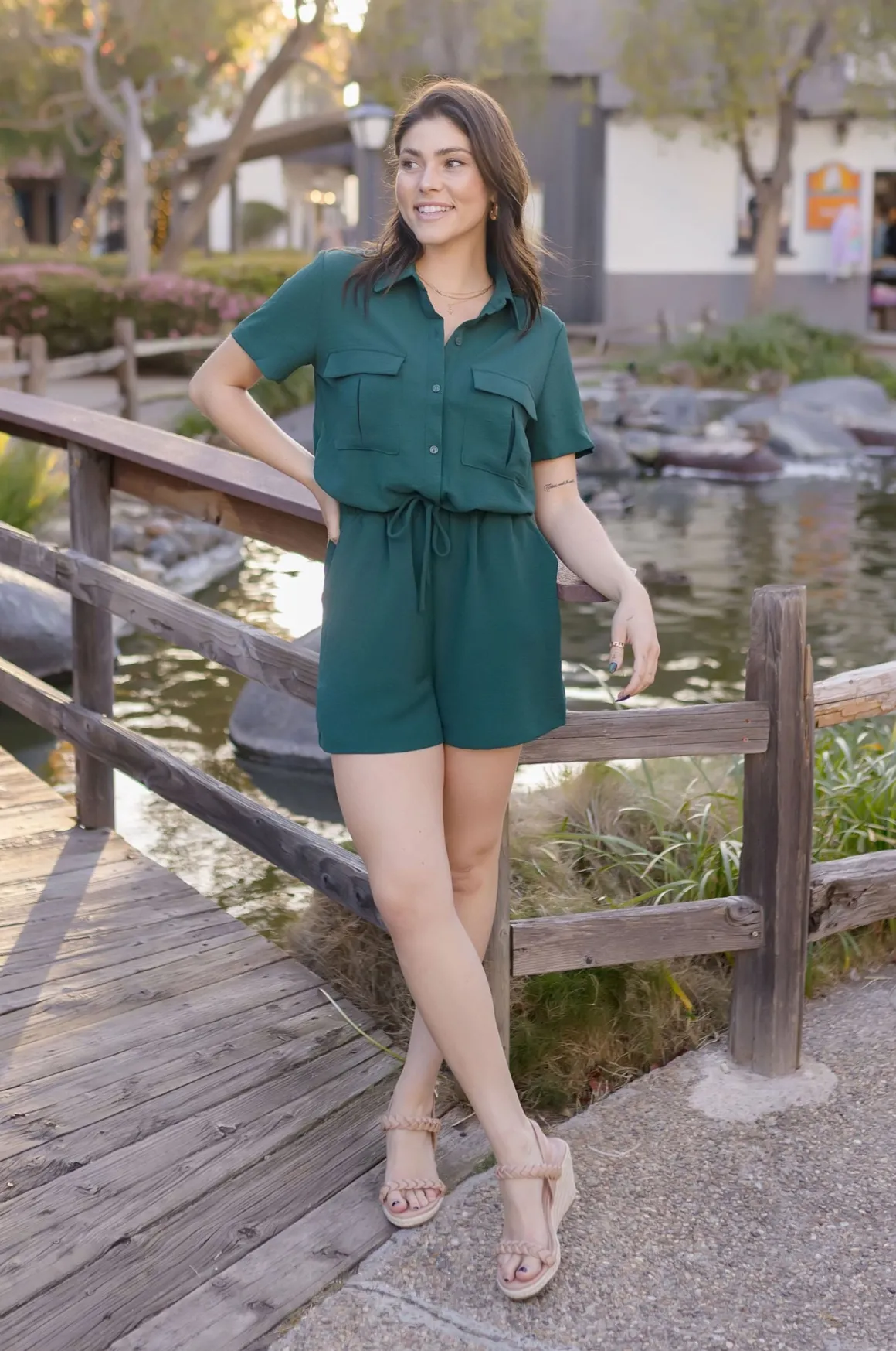 Penelope Short Sleeve Button Down Waist Tie Romper Green