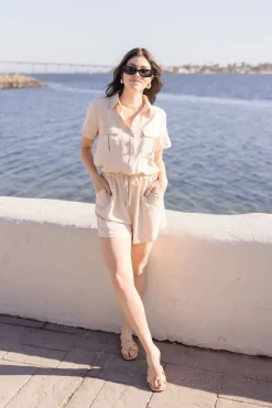 Penelope Short Sleeve Button Down Waist Tie Romper Beige