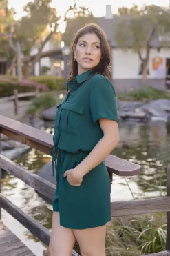 Penelope Short Sleeve Button Down Waist Tie Romper Green