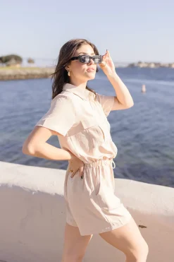 Penelope Short Sleeve Button Down Waist Tie Romper Beige