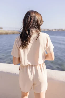 Penelope Short Sleeve Button Down Waist Tie Romper Beige