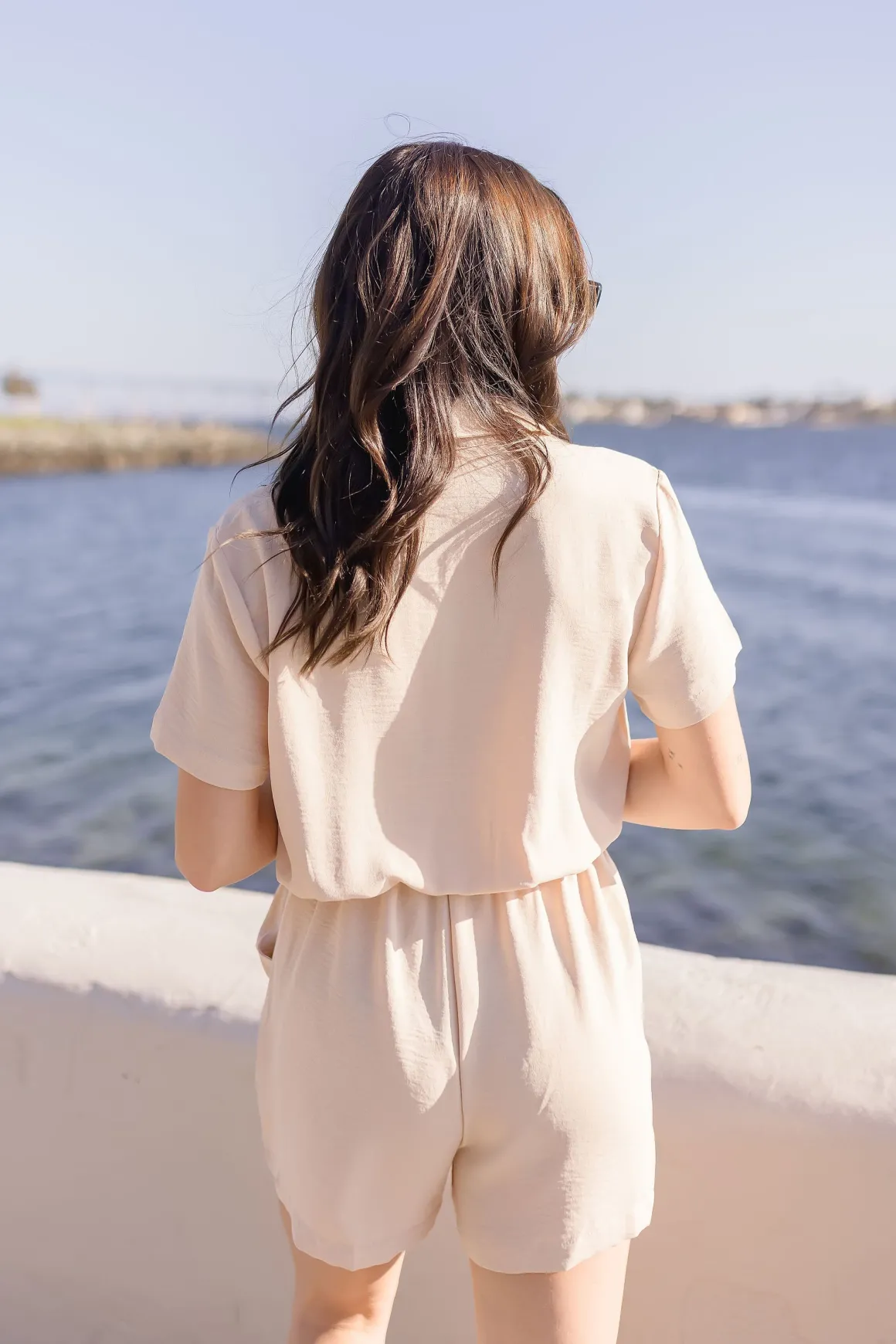 Penelope Short Sleeve Button Down Waist Tie Romper Beige