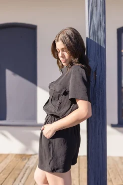 Penelope Short Sleeve Button Down Waist Tie Romper Black