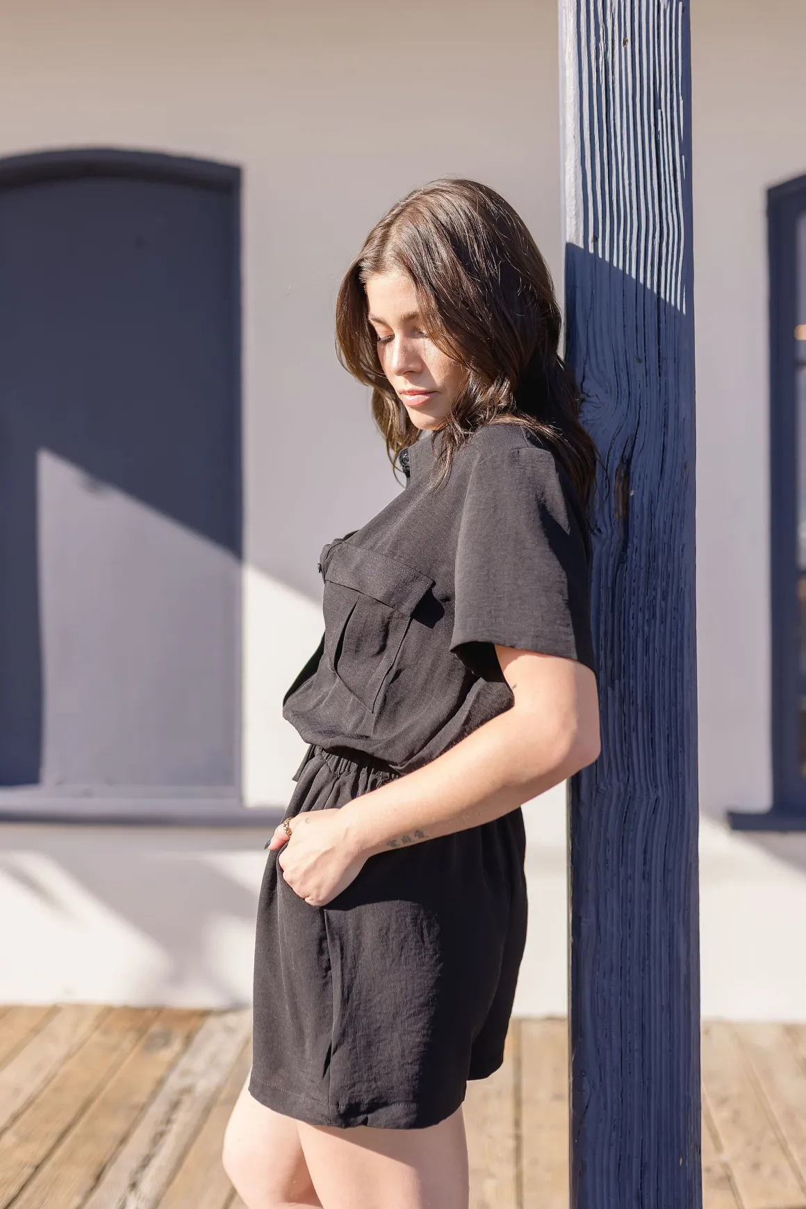 Penelope Short Sleeve Button Down Waist Tie Romper Black