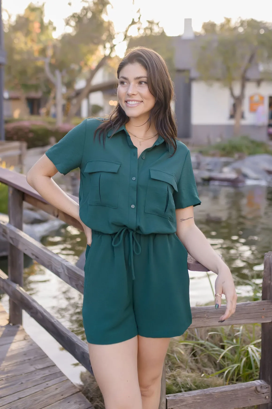 Penelope Short Sleeve Button Down Waist Tie Romper Green
