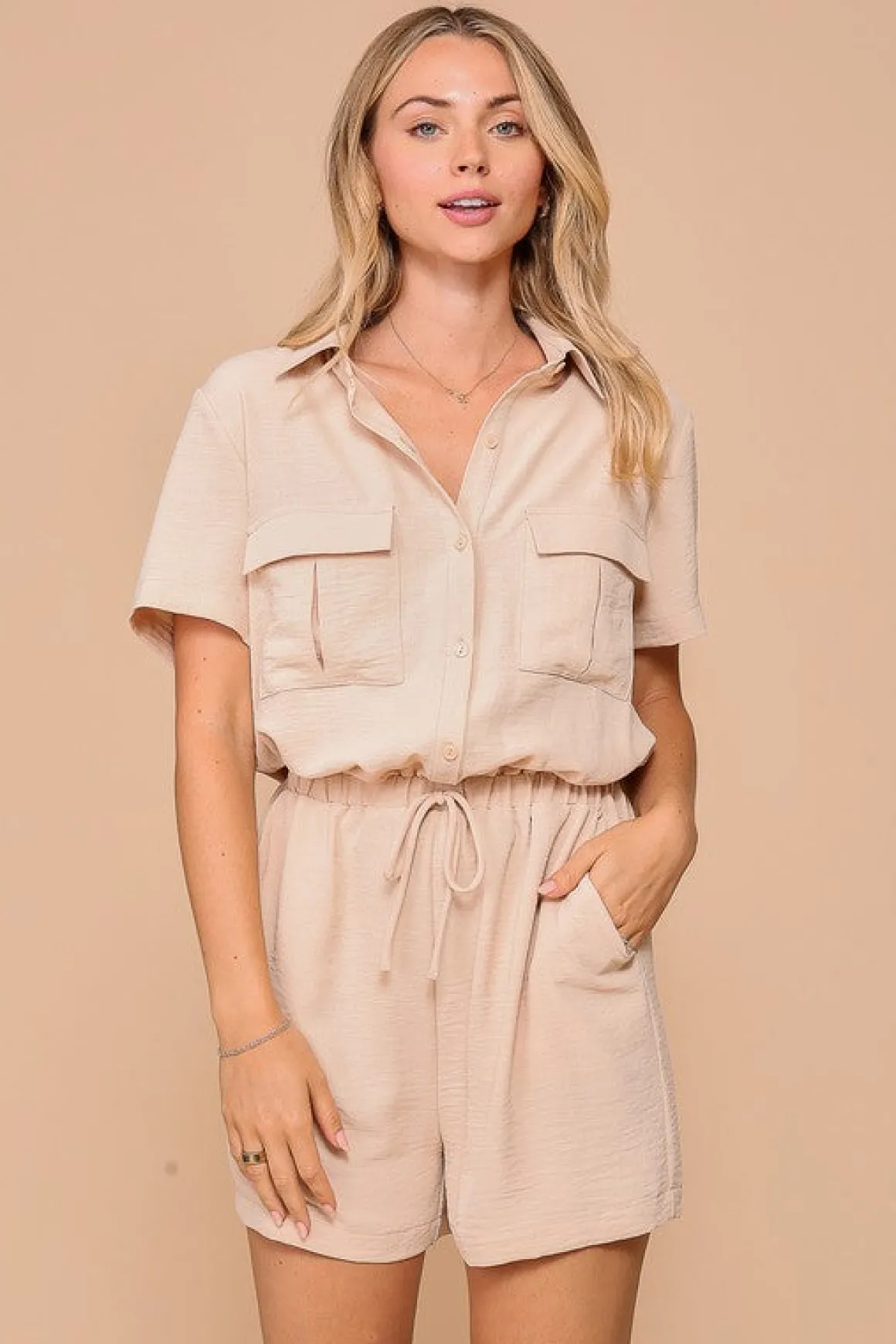 Penelope Short Sleeve Button Down Waist Tie Romper Beige