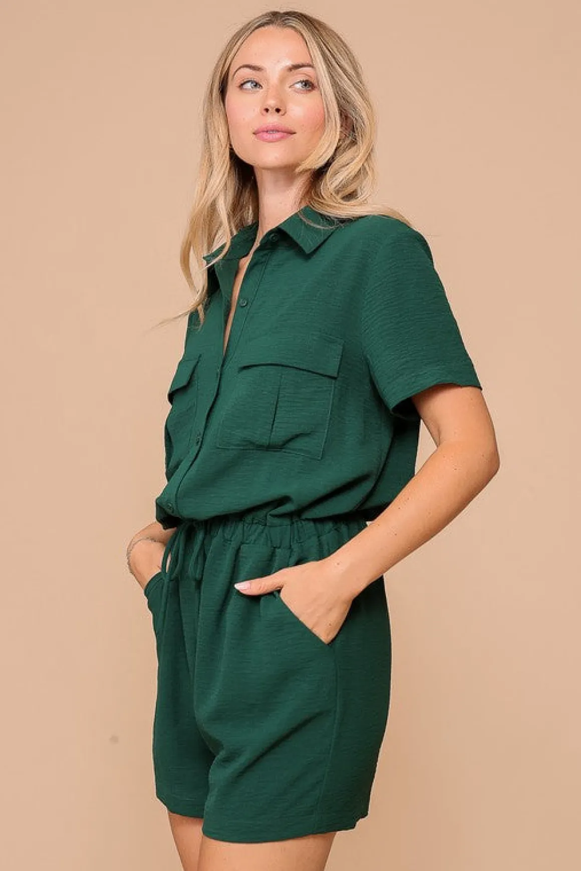 Penelope Short Sleeve Button Down Waist Tie Romper Green