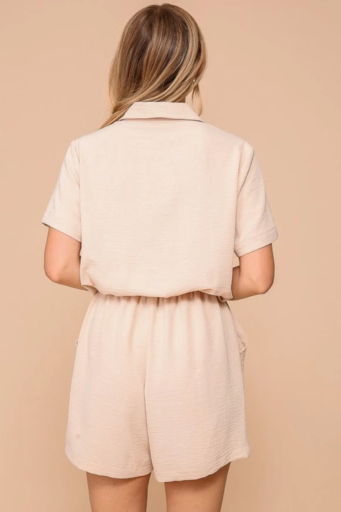 Penelope Short Sleeve Button Down Waist Tie Romper Beige